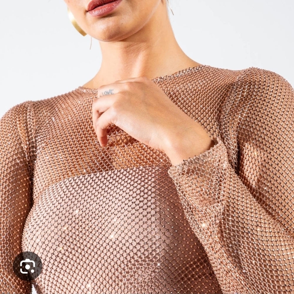 Sparkling Brown Long-Sleeve Mesh Top/ House Of Harlow